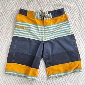 Patagonia Boys Wavefarer 10 Striped Board Shorts Yellow Blue Swim Trunks
